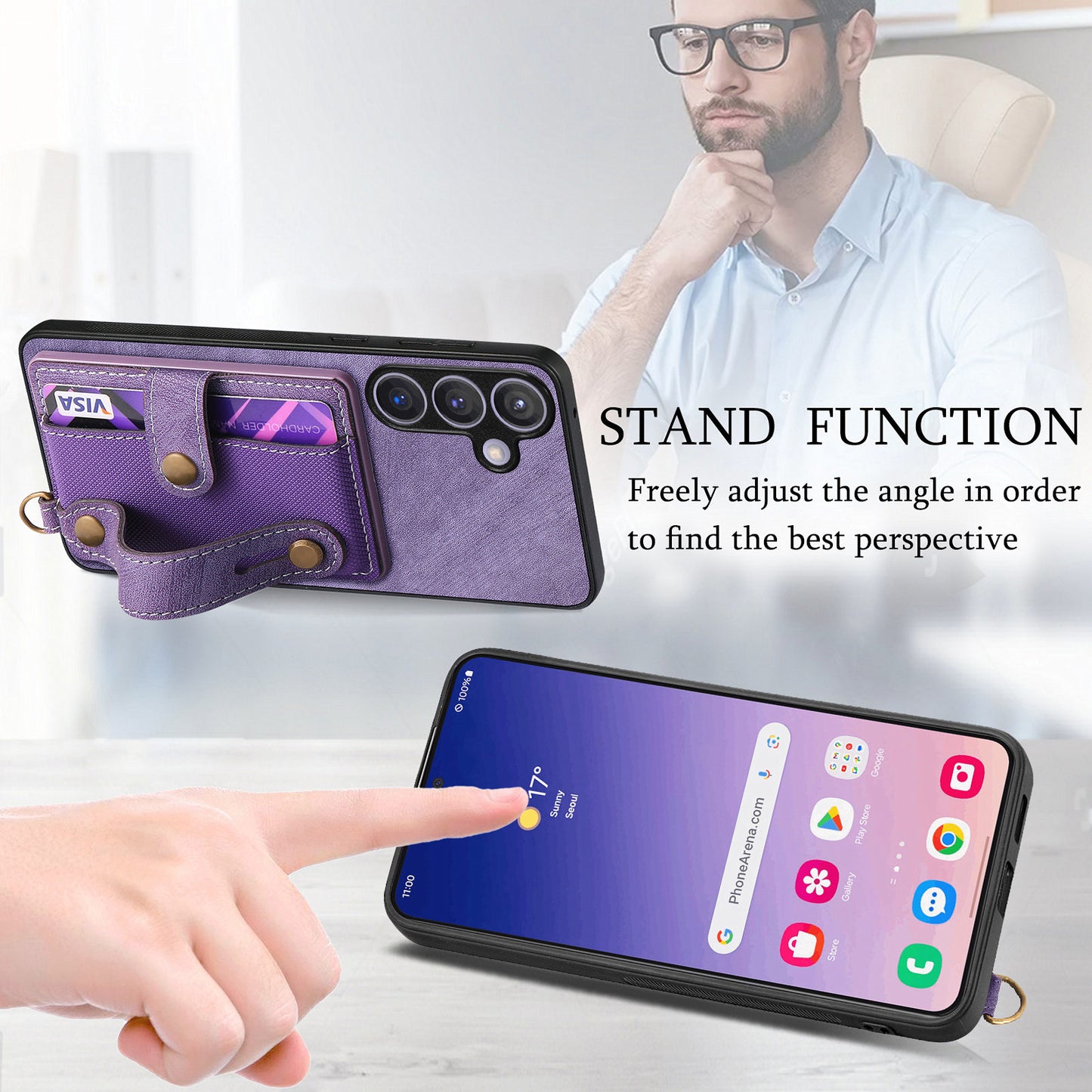 For Samsung Galaxy S24+ Case Cross Texture Leather Back Cover with Card Slot Wristband Kickstand - Purple