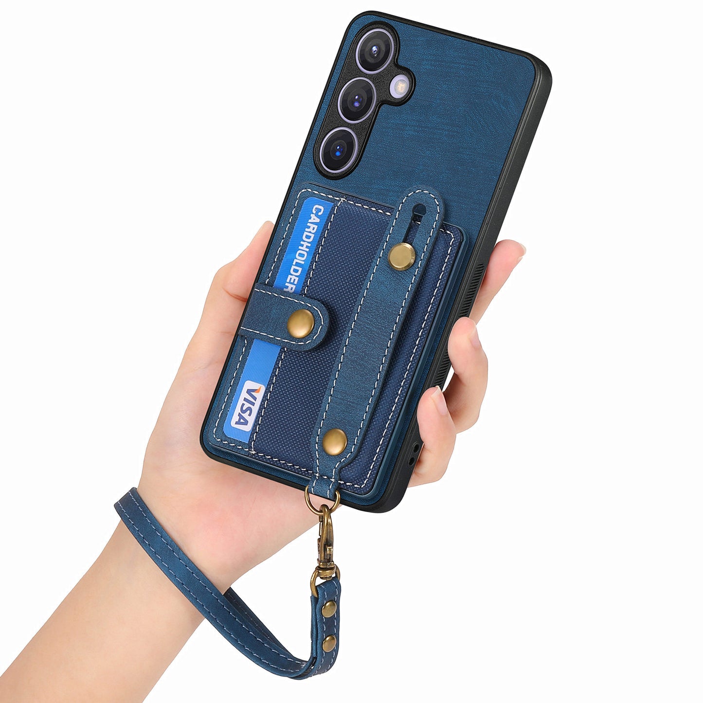For Samsung Galaxy S24+ Case Cross Texture Leather Back Cover with Card Slot Wristband Kickstand - Blue