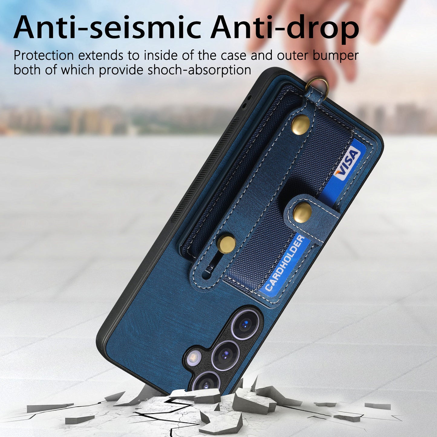 For Samsung Galaxy S24+ Case Cross Texture Leather Back Cover with Card Slot Wristband Kickstand - Blue