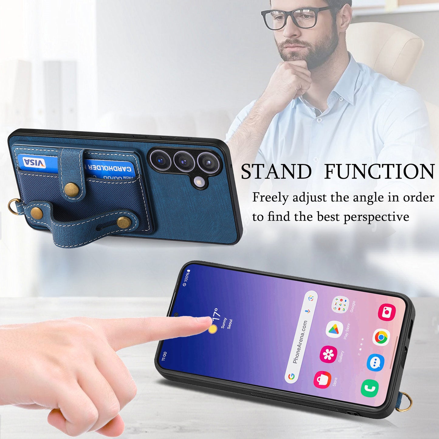 For Samsung Galaxy S24+ Case Cross Texture Leather Back Cover with Card Slot Wristband Kickstand - Blue