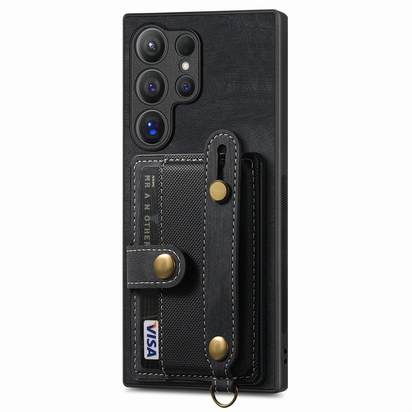 For Samsung Galaxy S24 Ultra Back Case Wristband Kickstand Leather Cover with Card Slot - Black