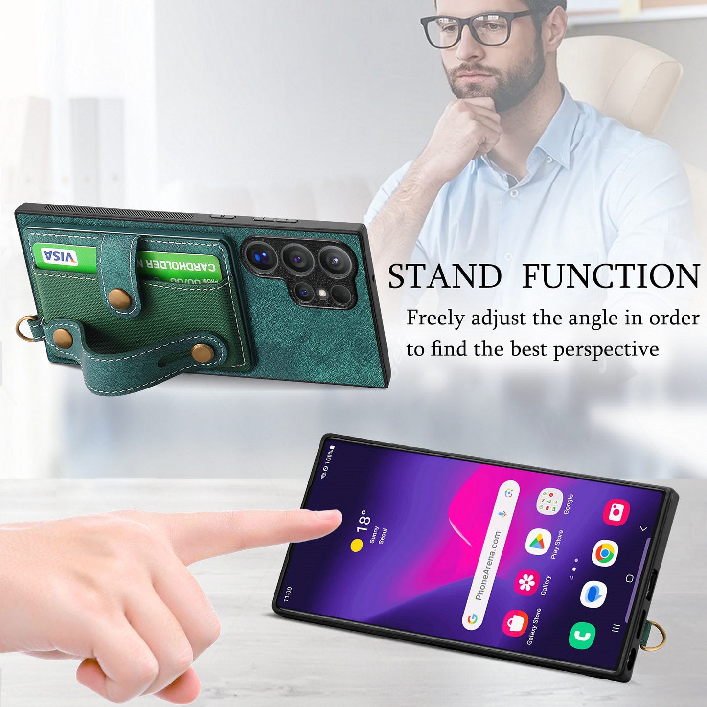For Samsung Galaxy S24 Ultra Back Case Wristband Kickstand Leather Cover with Card Slot - Green