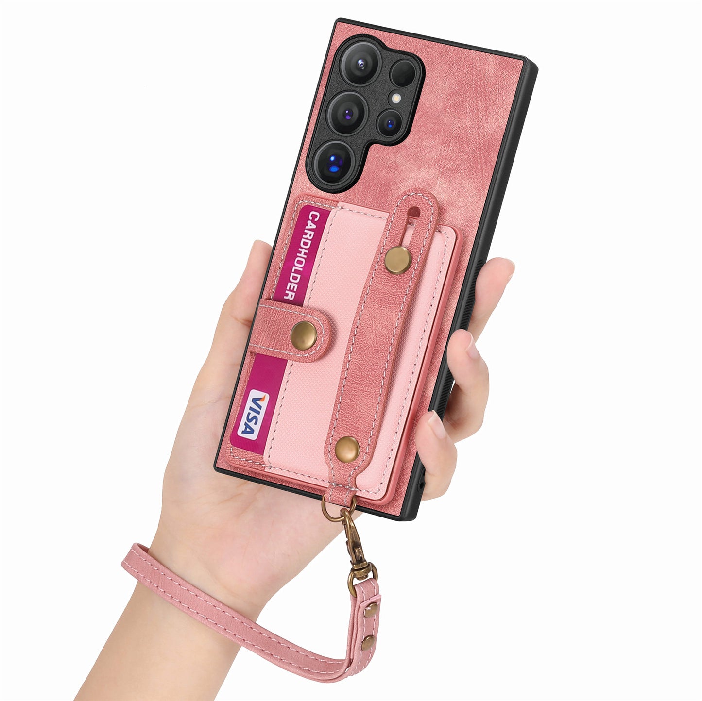 For Samsung Galaxy S24 Ultra Back Case Wristband Kickstand Leather Cover with Card Slot - Rose Pink