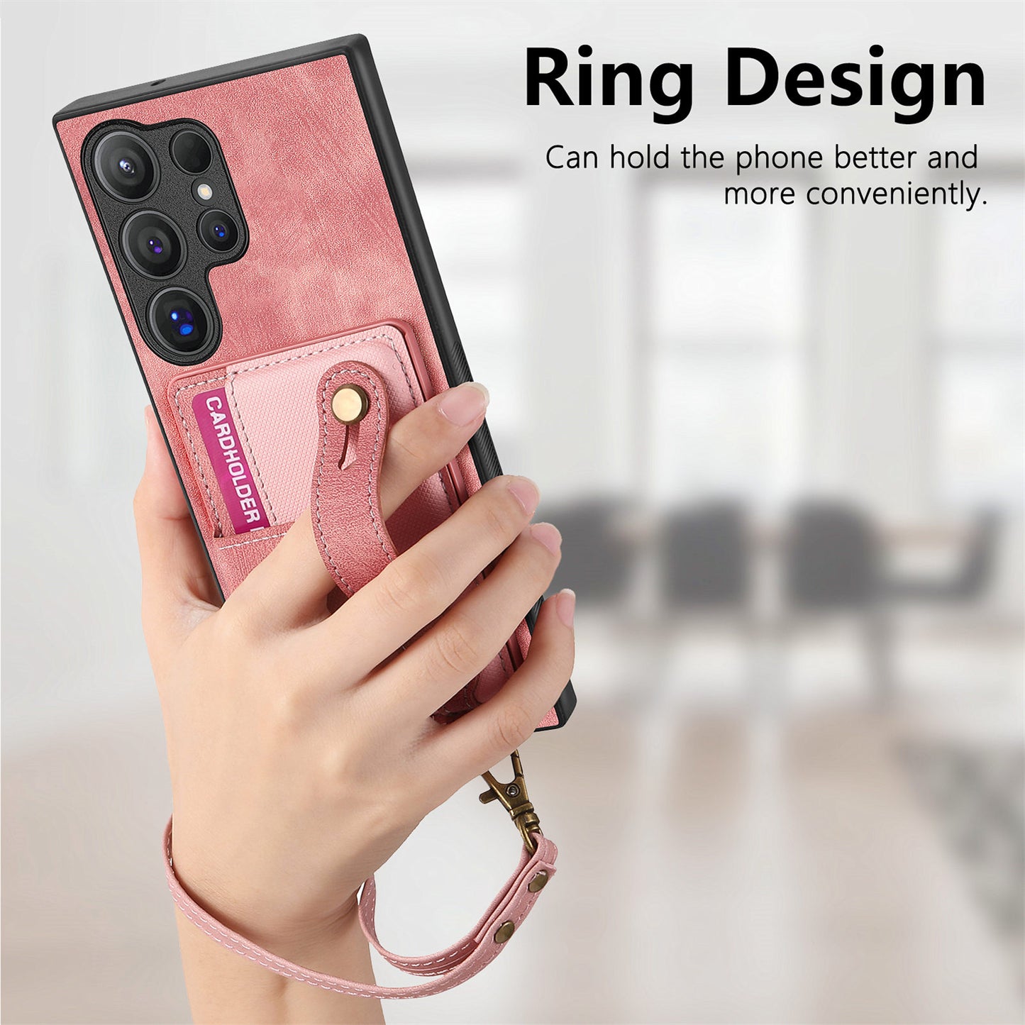 For Samsung Galaxy S24 Ultra Back Case Wristband Kickstand Leather Cover with Card Slot - Rose Pink