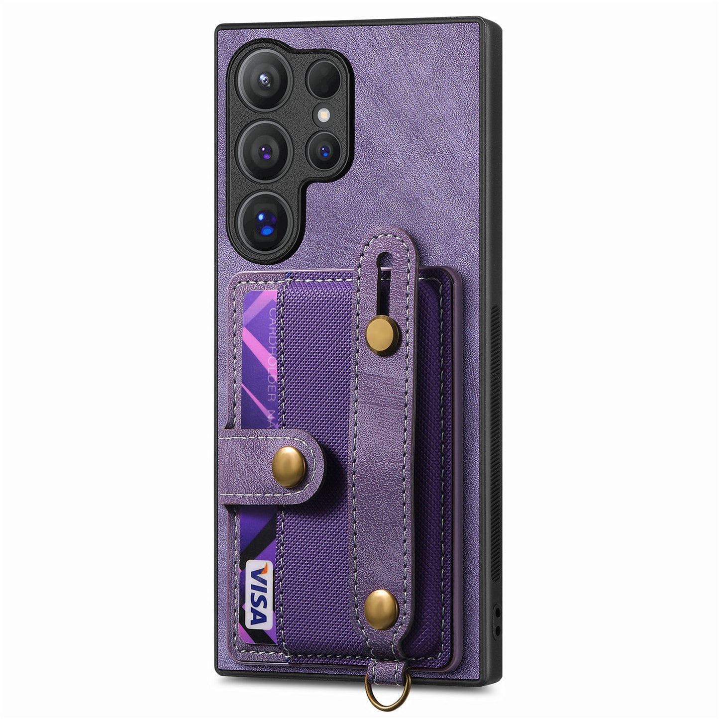 For Samsung Galaxy S24 Ultra Back Case Wristband Kickstand Leather Cover with Card Slot - Purple