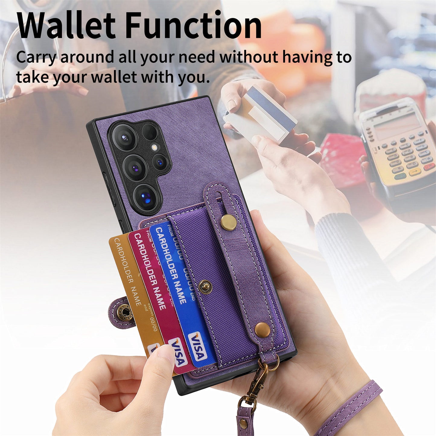 For Samsung Galaxy S24 Ultra Back Case Wristband Kickstand Leather Cover with Card Slot - Purple