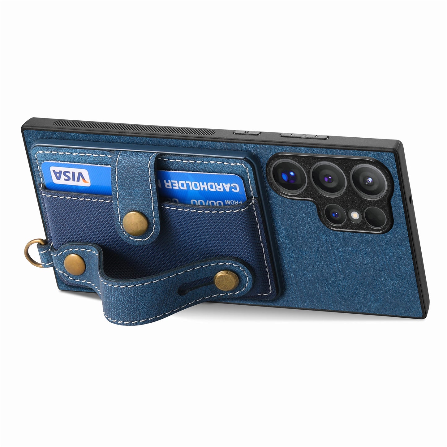For Samsung Galaxy S24 Ultra Back Case Wristband Kickstand Leather Cover with Card Slot - Blue