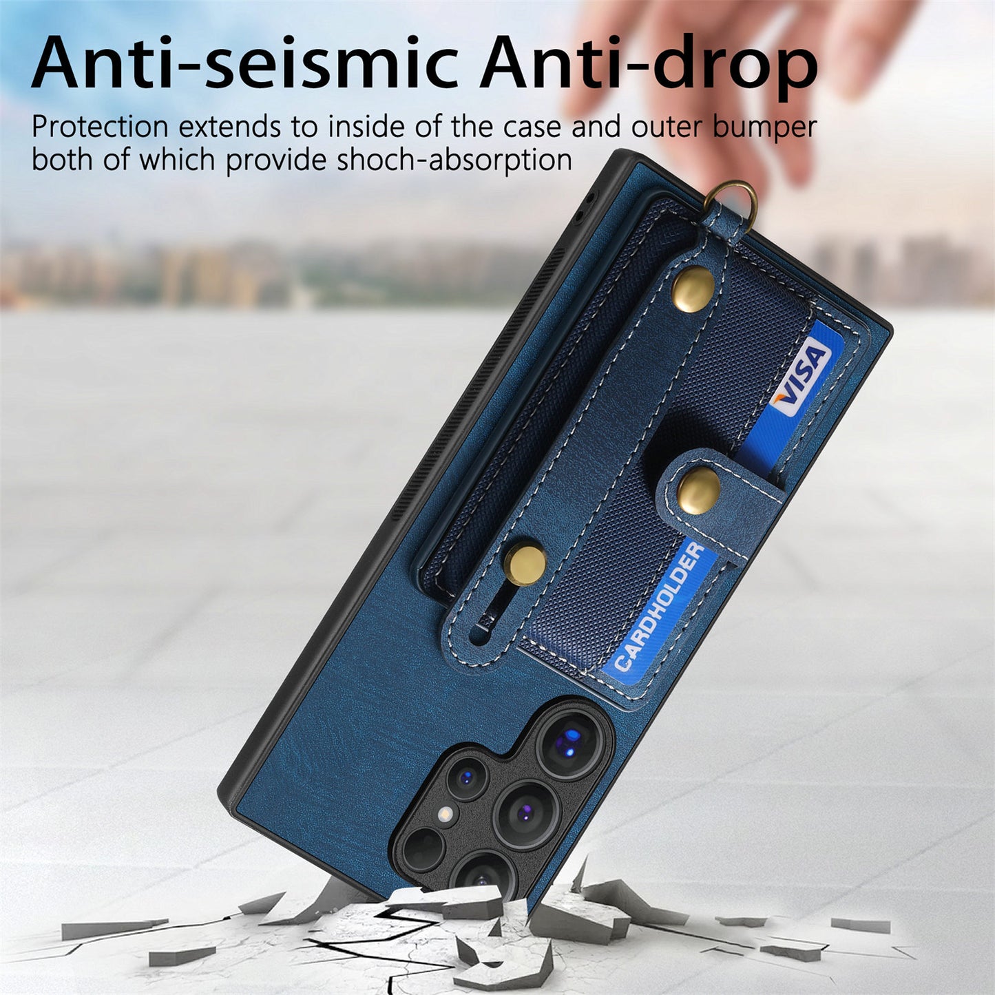For Samsung Galaxy S24 Ultra Back Case Wristband Kickstand Leather Cover with Card Slot - Blue