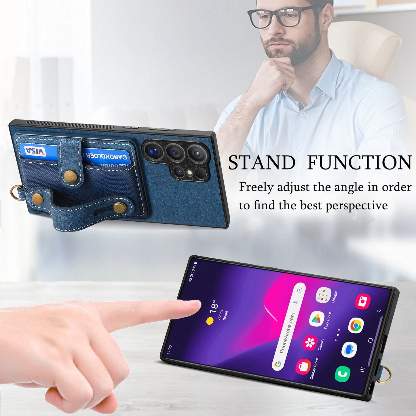 For Samsung Galaxy S24 Ultra Back Case Wristband Kickstand Leather Cover with Card Slot - Blue
