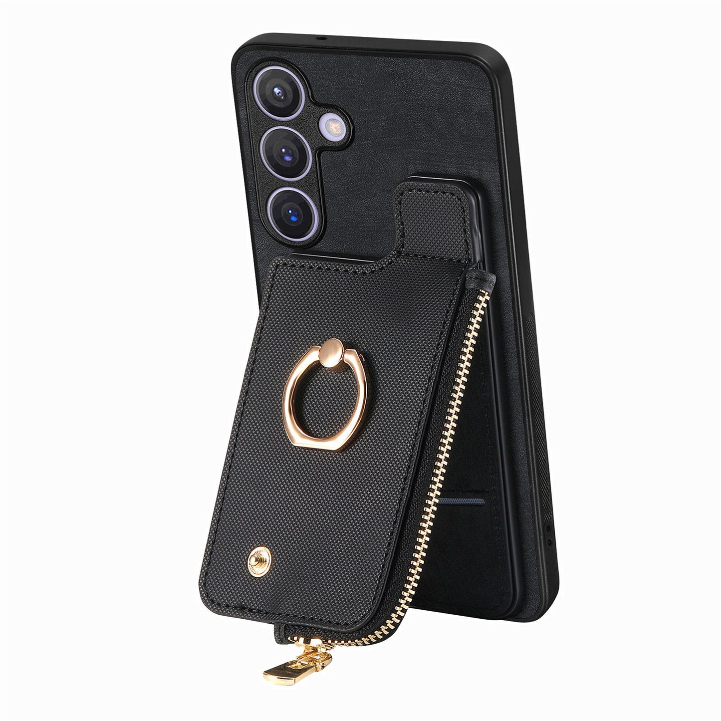For Samsung Galaxy S24+ Case with Zipper Card Holder Leather Back Cover Kickstand - Black