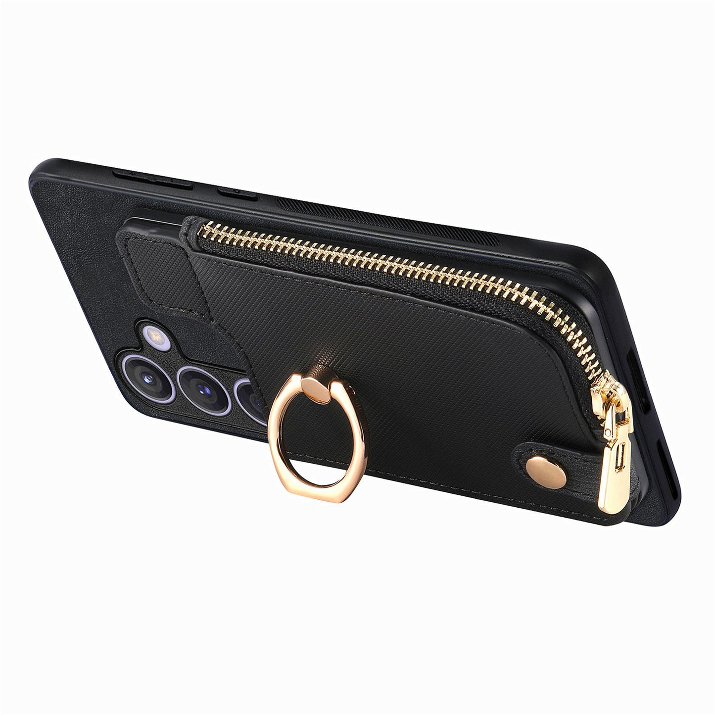 For Samsung Galaxy S24+ Case with Zipper Card Holder Leather Back Cover Kickstand - Black