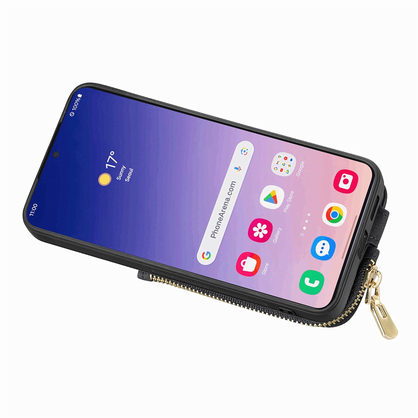 For Samsung Galaxy S24+ Case with Zipper Card Holder Leather Back Cover Kickstand - Black