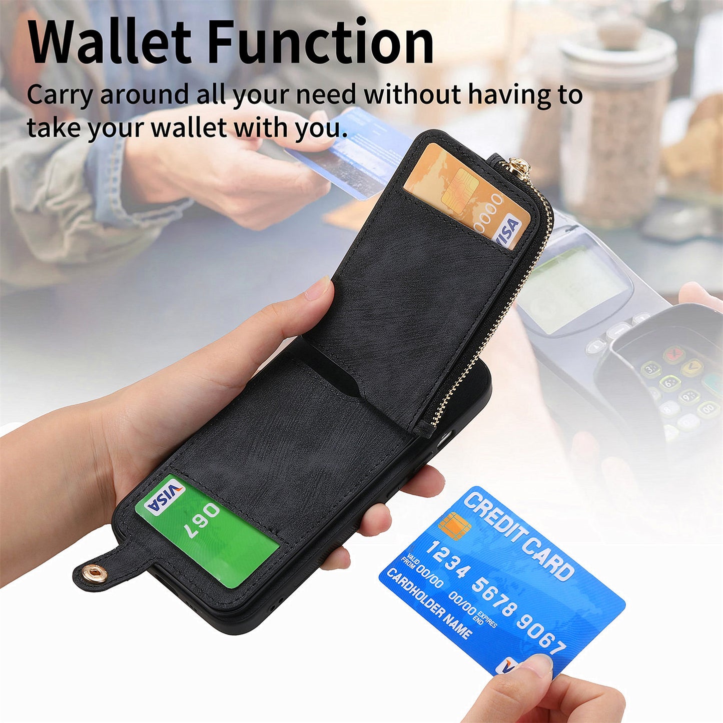 For Samsung Galaxy S24+ Case with Zipper Card Holder Leather Back Cover Kickstand - Black