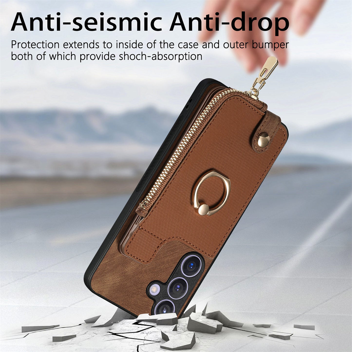 For Samsung Galaxy S24+ Case with Zipper Card Holder Leather Back Cover Kickstand - Brown
