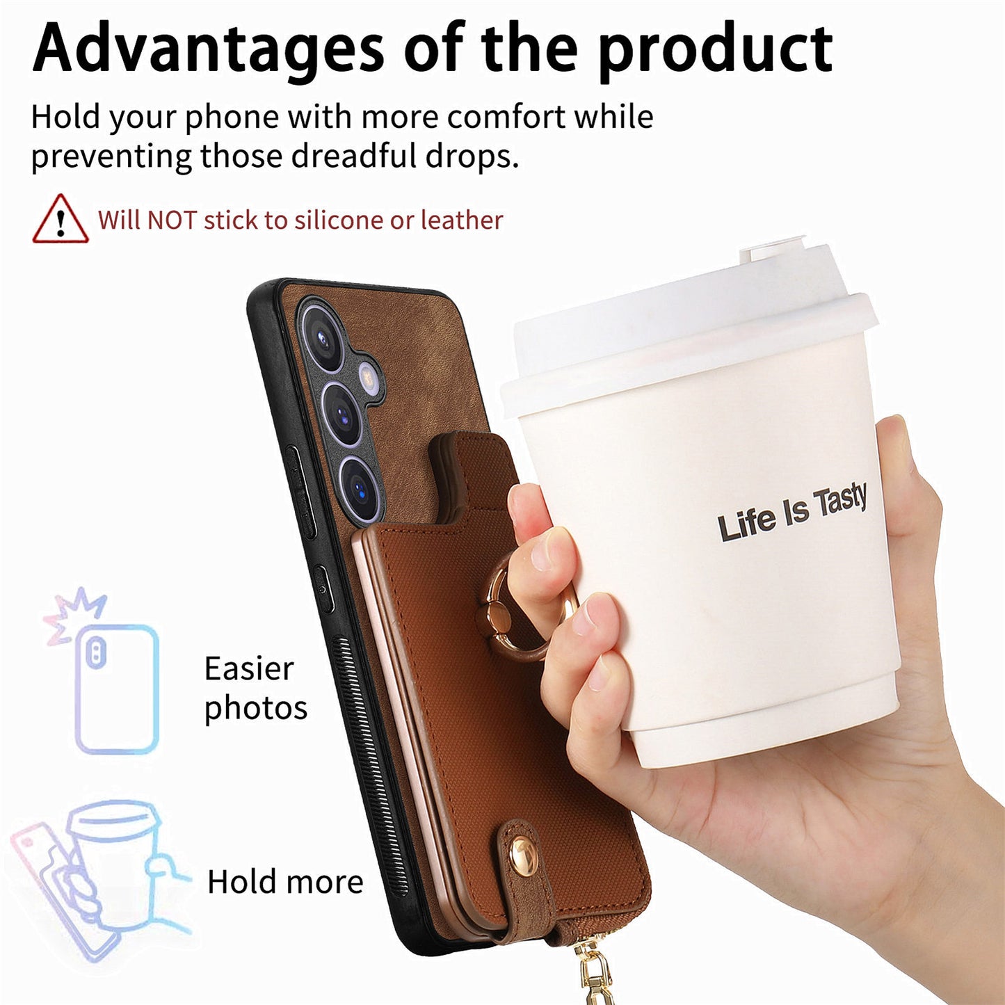 For Samsung Galaxy S24+ Case with Zipper Card Holder Leather Back Cover Kickstand - Brown