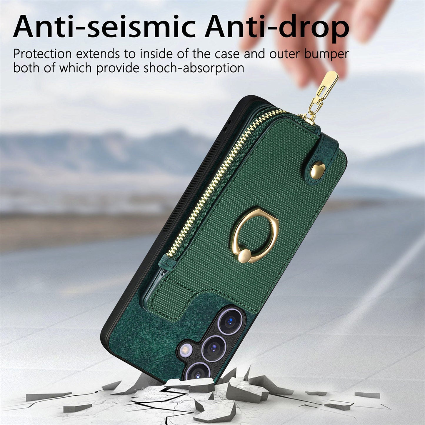 For Samsung Galaxy S24+ Case with Zipper Card Holder Leather Back Cover Kickstand - Green