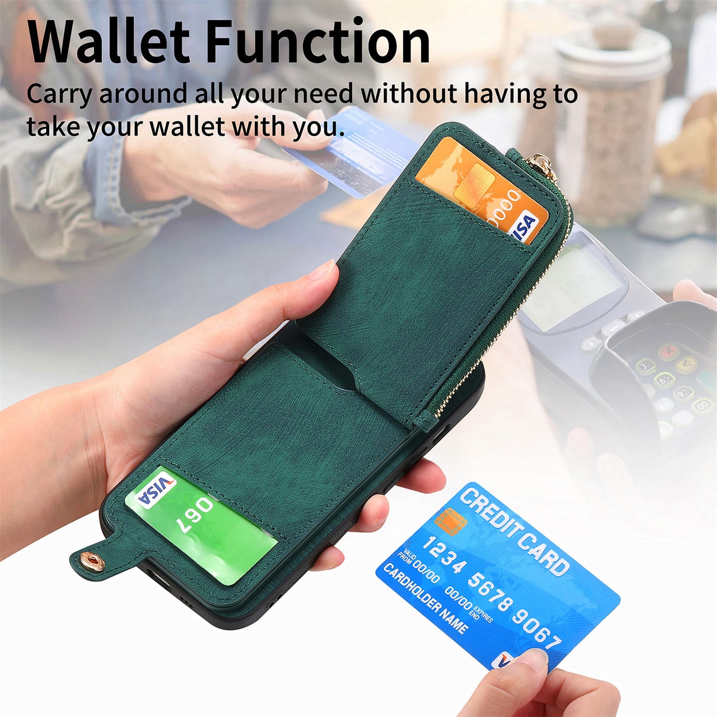 For Samsung Galaxy S24+ Case with Zipper Card Holder Leather Back Cover Kickstand - Green