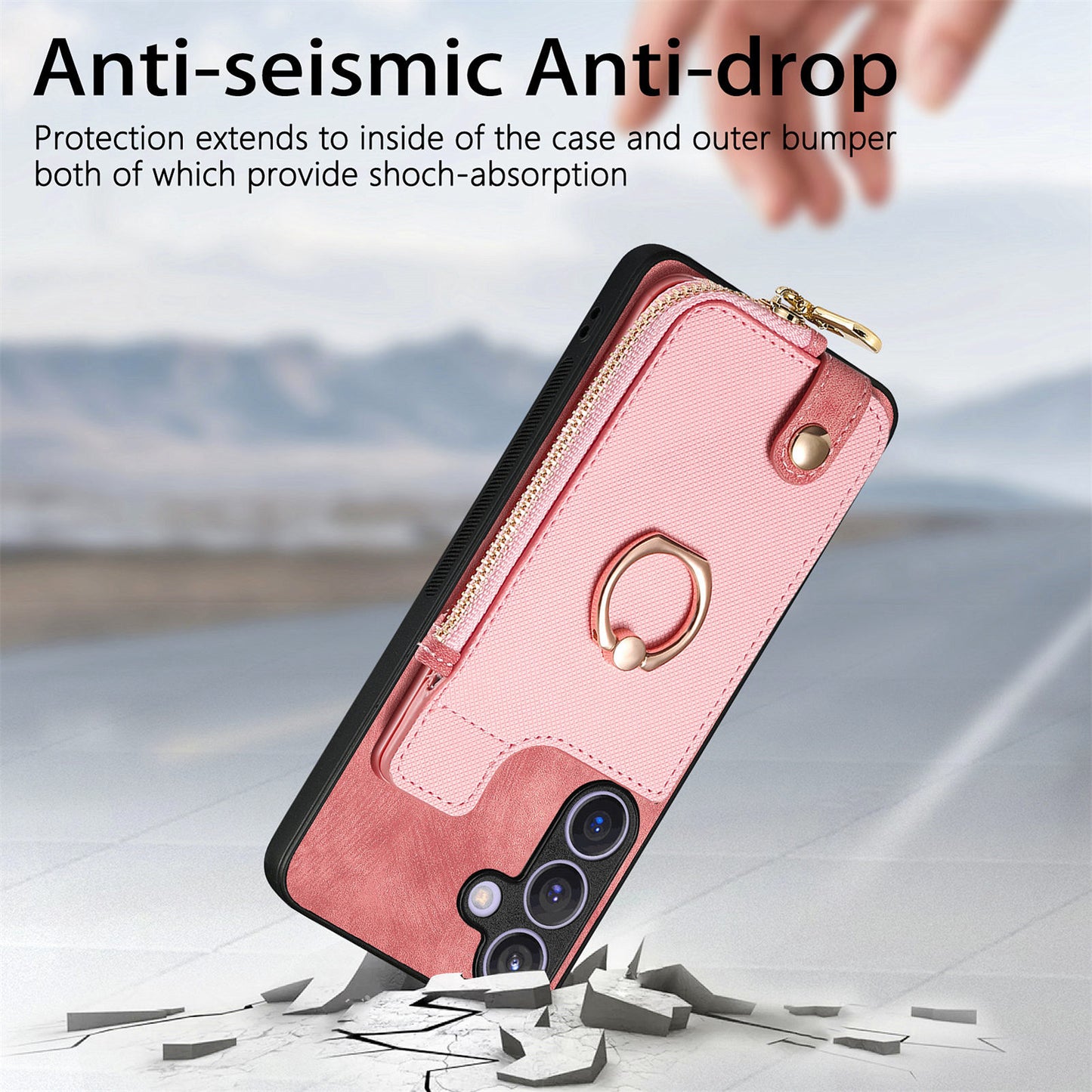 For Samsung Galaxy S24+ Case with Zipper Card Holder Leather Back Cover Kickstand - Pink