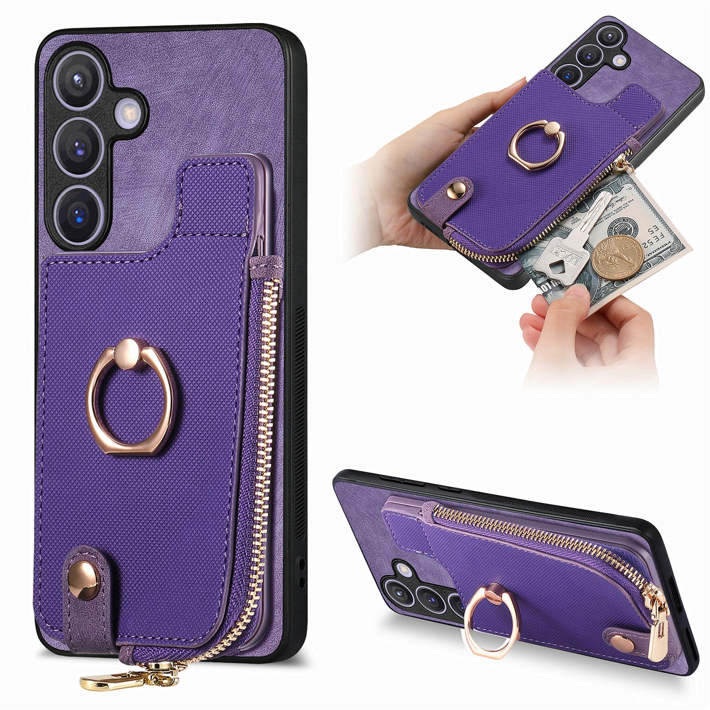 For Samsung Galaxy S24+ Case with Zipper Card Holder Leather Back Cover Kickstand - Purple