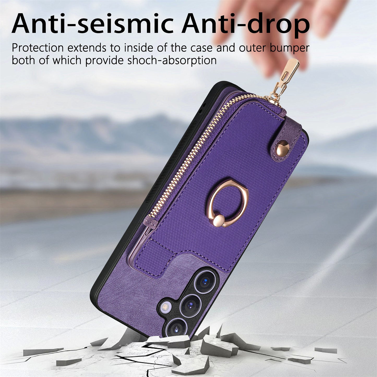 For Samsung Galaxy S24+ Case with Zipper Card Holder Leather Back Cover Kickstand - Purple