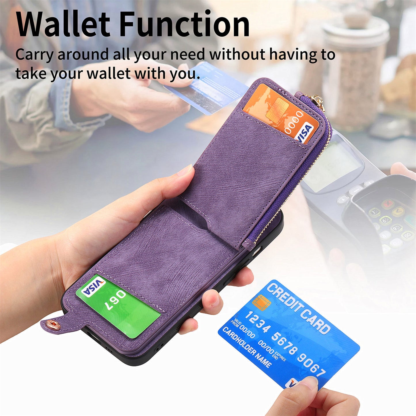 For Samsung Galaxy S24+ Case with Zipper Card Holder Leather Back Cover Kickstand - Purple