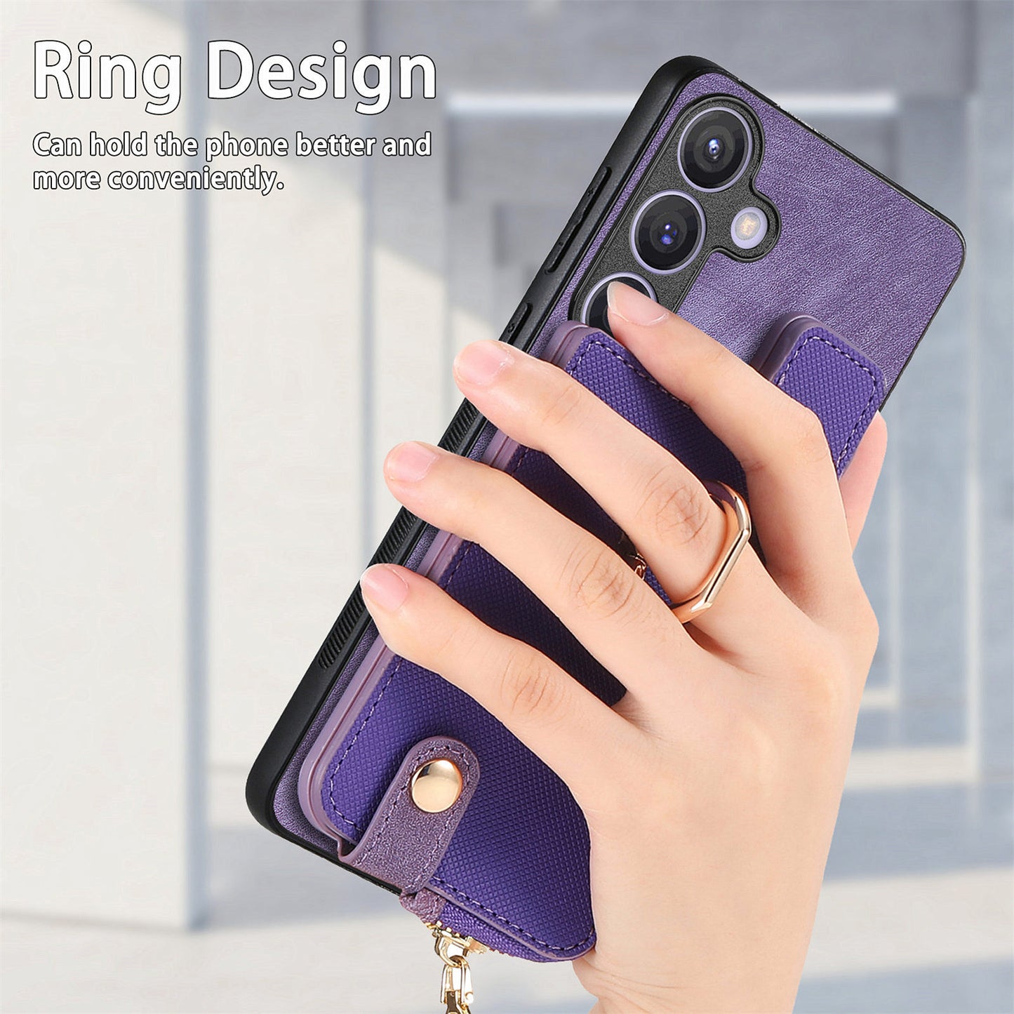 For Samsung Galaxy S24+ Case with Zipper Card Holder Leather Back Cover Kickstand - Purple