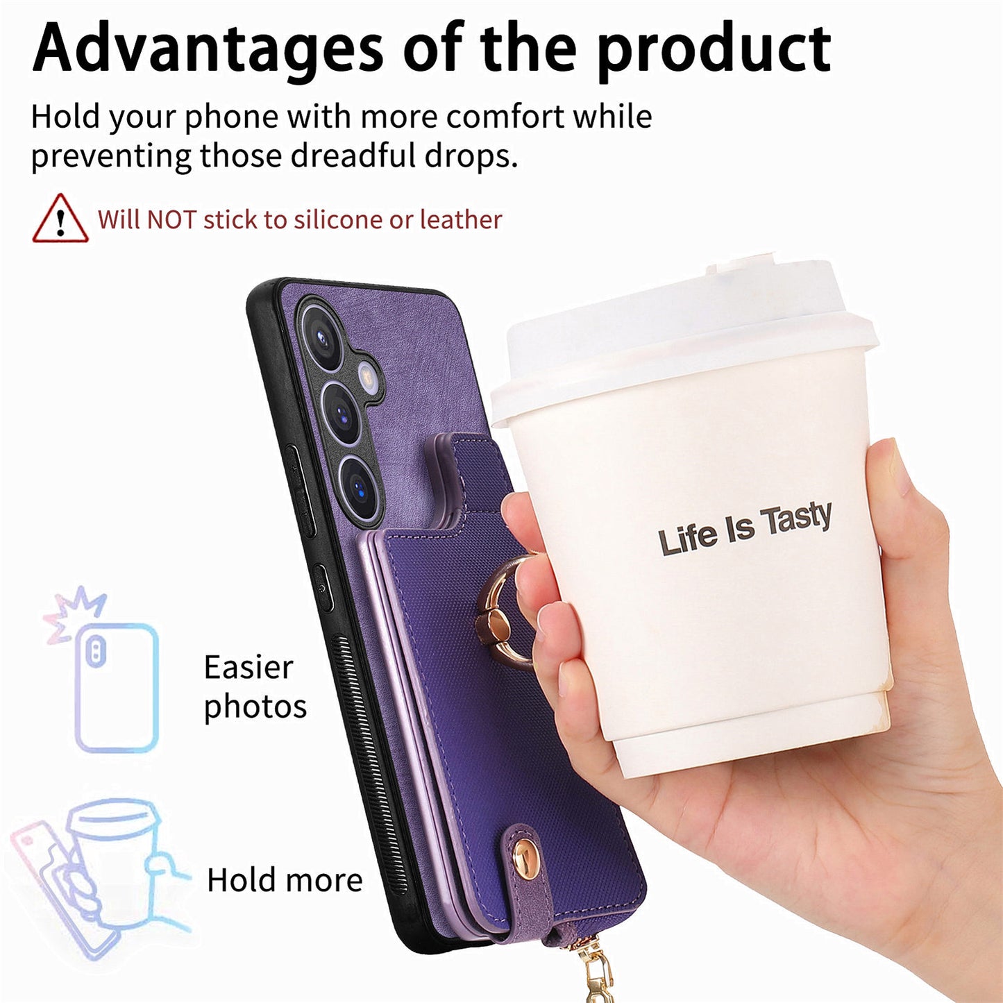 For Samsung Galaxy S24+ Case with Zipper Card Holder Leather Back Cover Kickstand - Purple