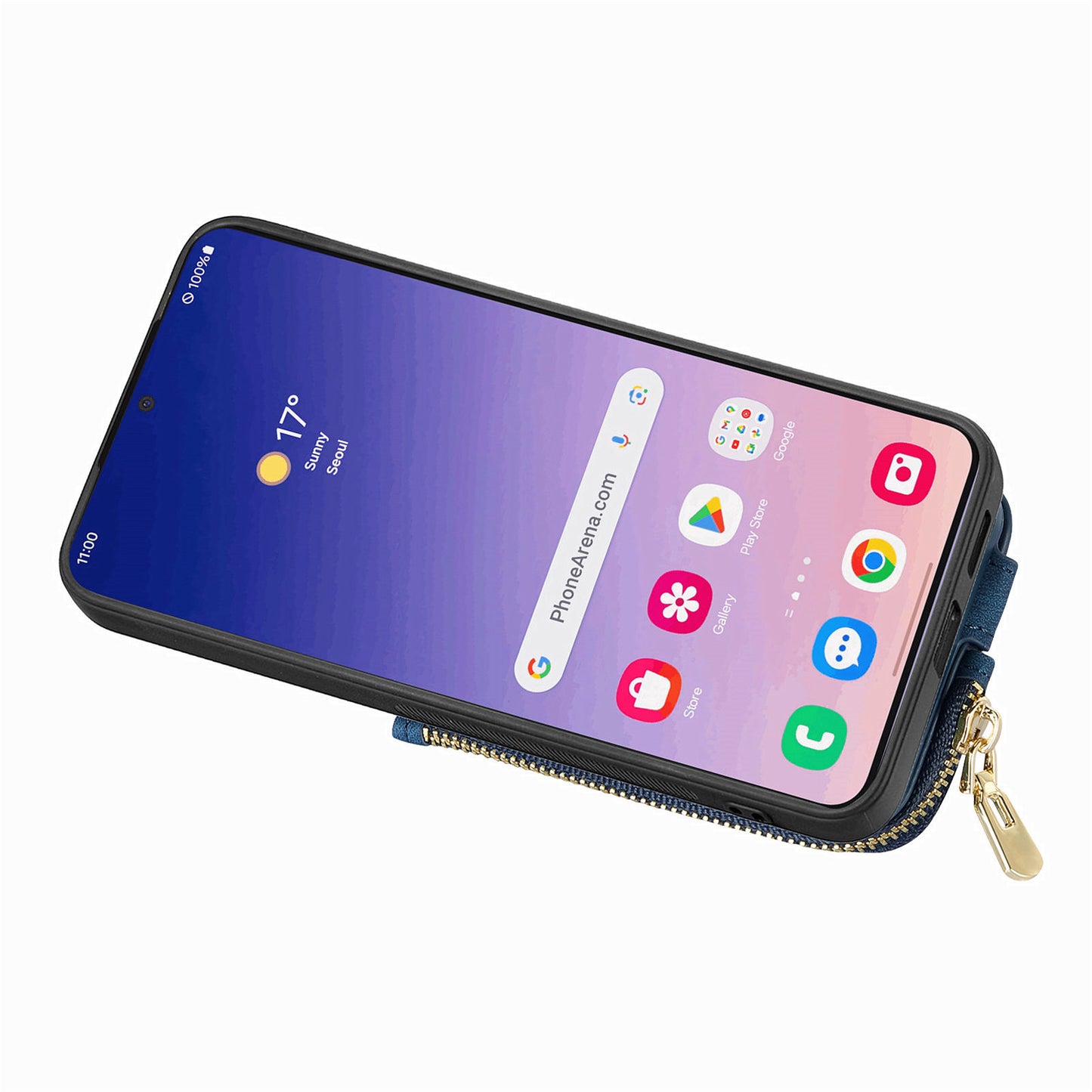 For Samsung Galaxy S24+ Case with Zipper Card Holder Leather Back Cover Kickstand - Blue
