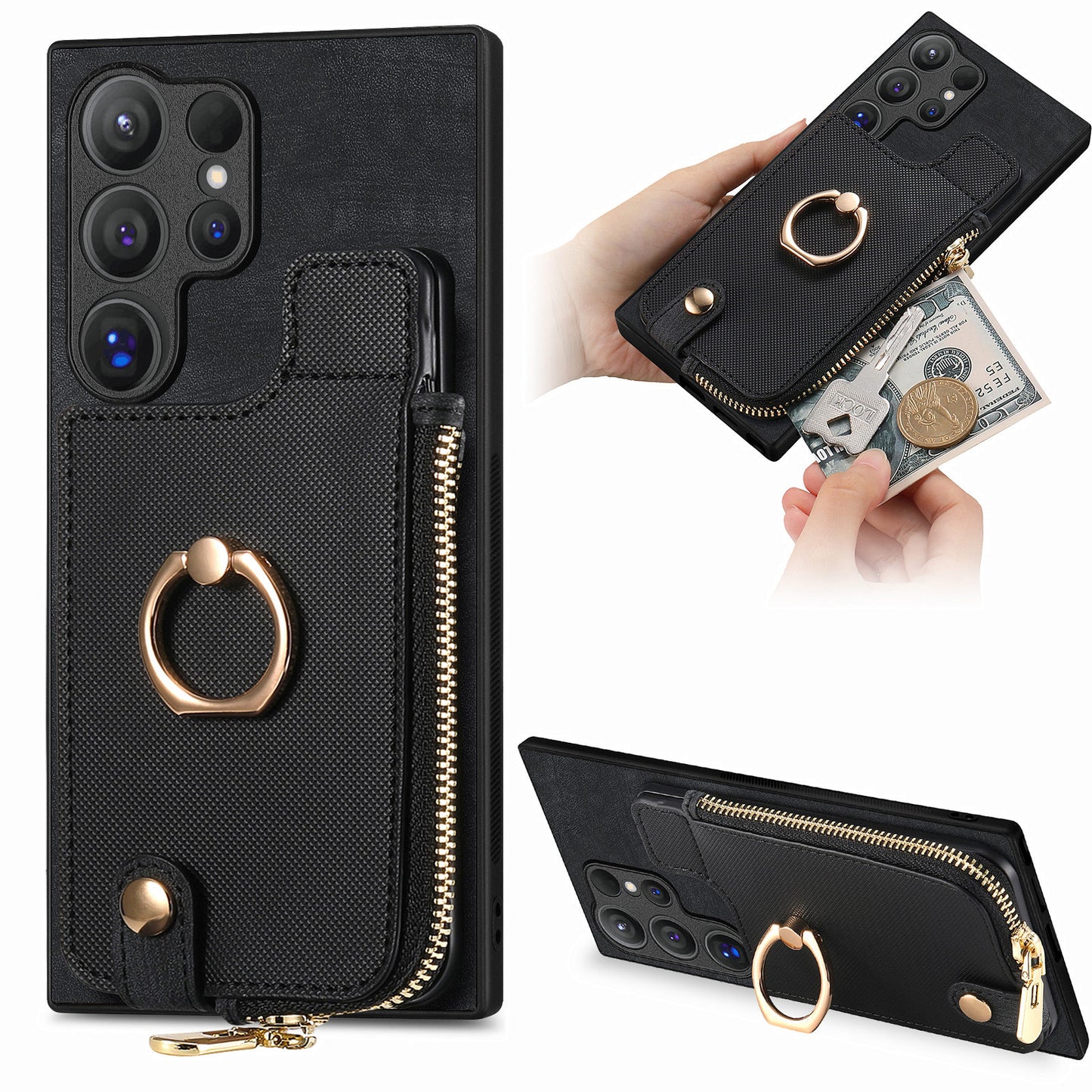 For Samsung Galaxy S24 Ultra Leather Back Case with Vertical Card Holder Ring Kickstand Black - Black