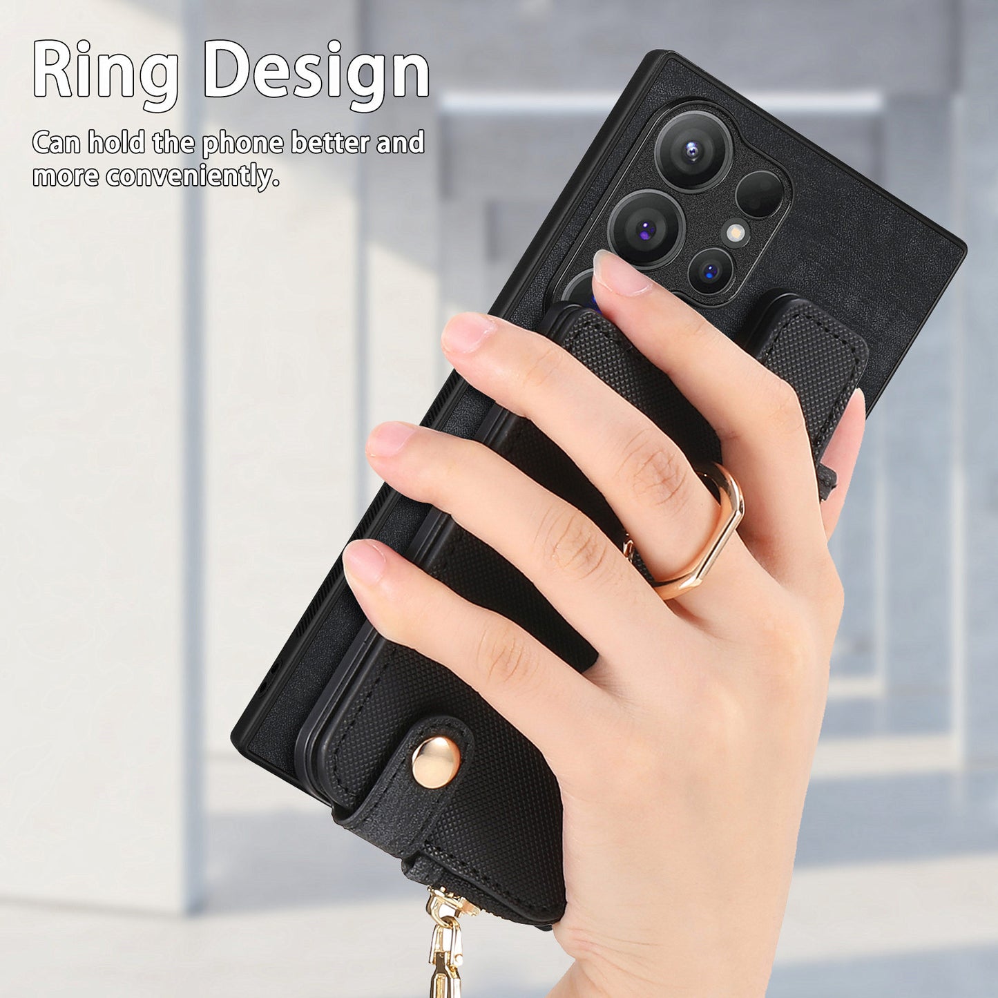 For Samsung Galaxy S24 Ultra Leather Back Case with Vertical Card Holder Ring Kickstand Black - Black