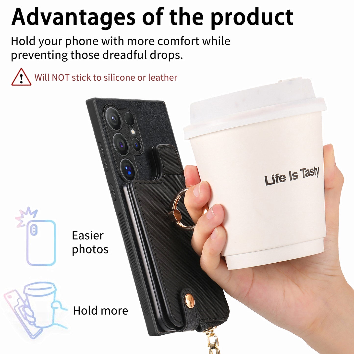 For Samsung Galaxy S24 Ultra Leather Back Case with Vertical Card Holder Ring Kickstand Black - Black