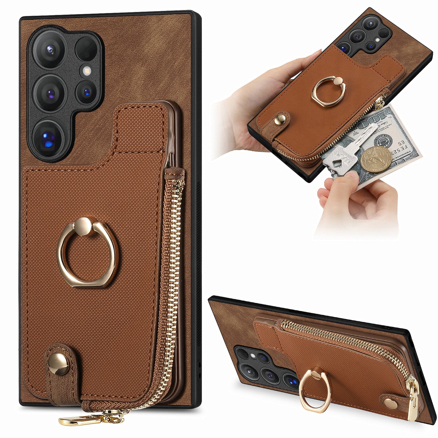 For Samsung Galaxy S24 Ultra Leather Back Case with Vertical Card Holder Ring Kickstand Black - Brown