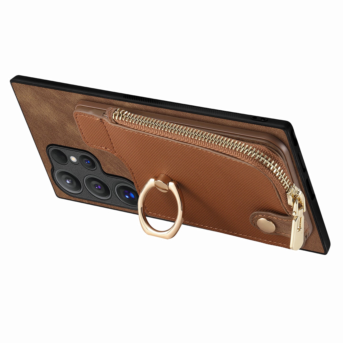 For Samsung Galaxy S24 Ultra Leather Back Case with Vertical Card Holder Ring Kickstand Black - Brown