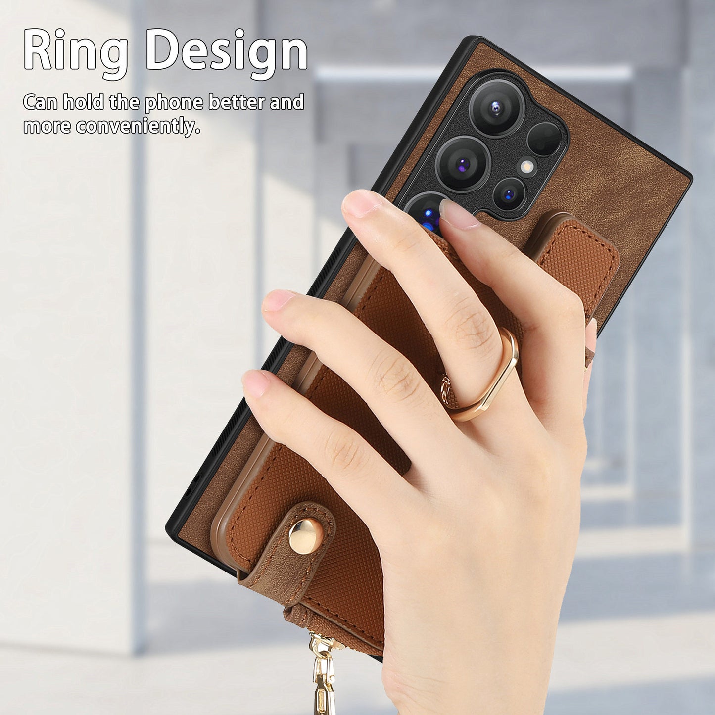 For Samsung Galaxy S24 Ultra Leather Back Case with Vertical Card Holder Ring Kickstand Black - Brown