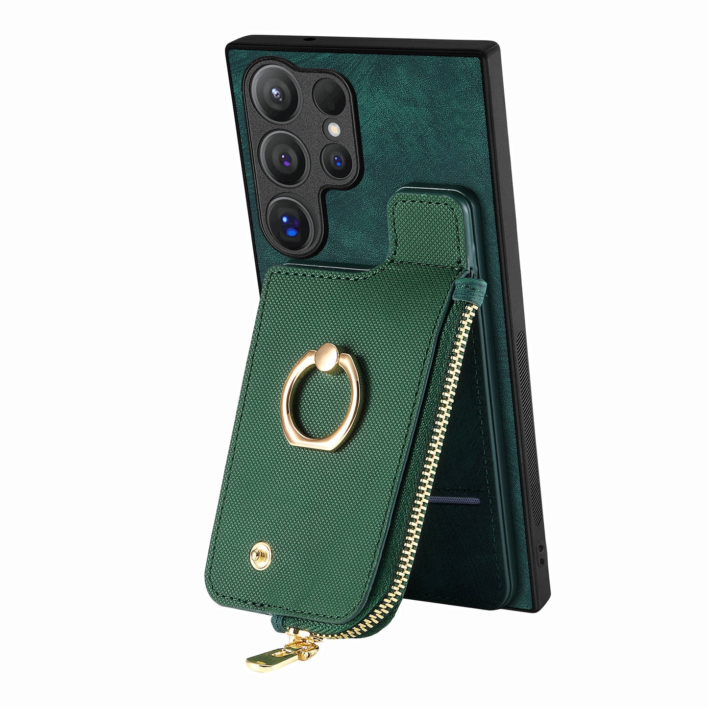 For Samsung Galaxy S24 Ultra Leather Back Case with Vertical Card Holder Ring Kickstand Black - Green