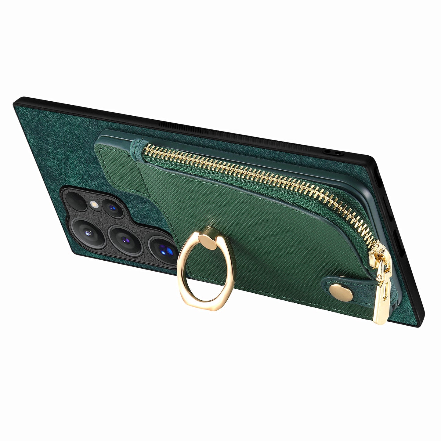 For Samsung Galaxy S24 Ultra Leather Back Case with Vertical Card Holder Ring Kickstand Black - Green