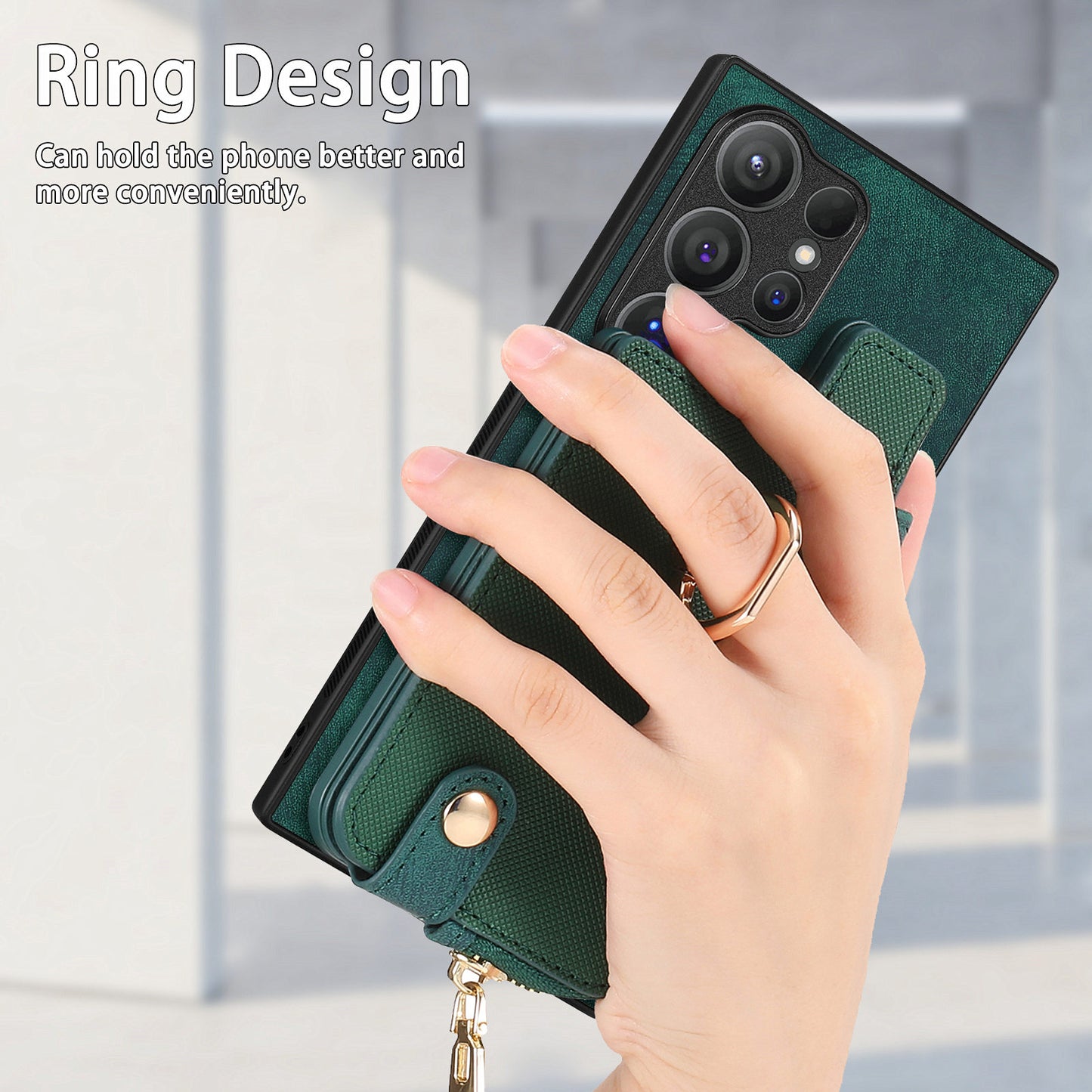 For Samsung Galaxy S24 Ultra Leather Back Case with Vertical Card Holder Ring Kickstand Black - Green