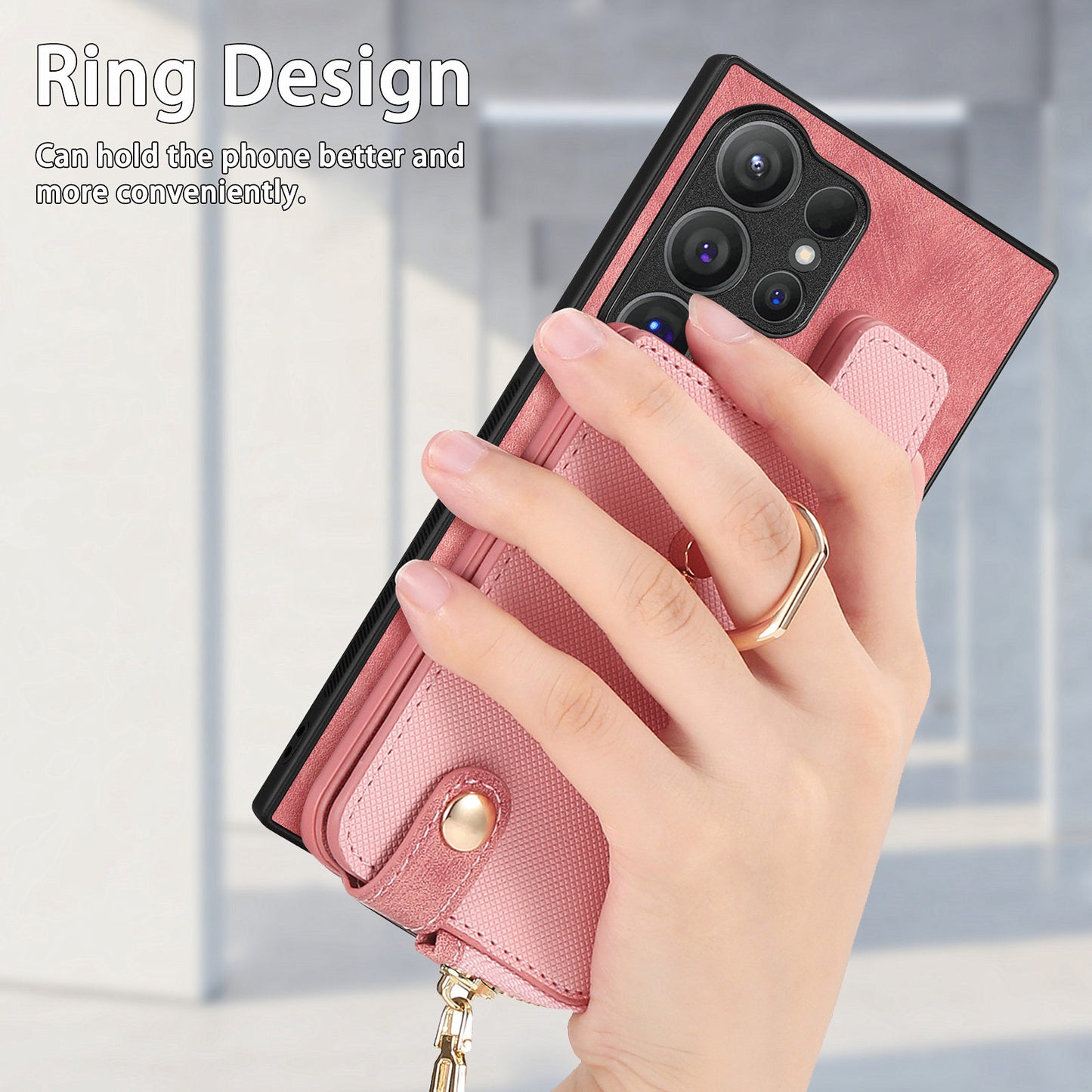 For Samsung Galaxy S24 Ultra Leather Back Case with Vertical Card Holder Ring Kickstand Black - Pink