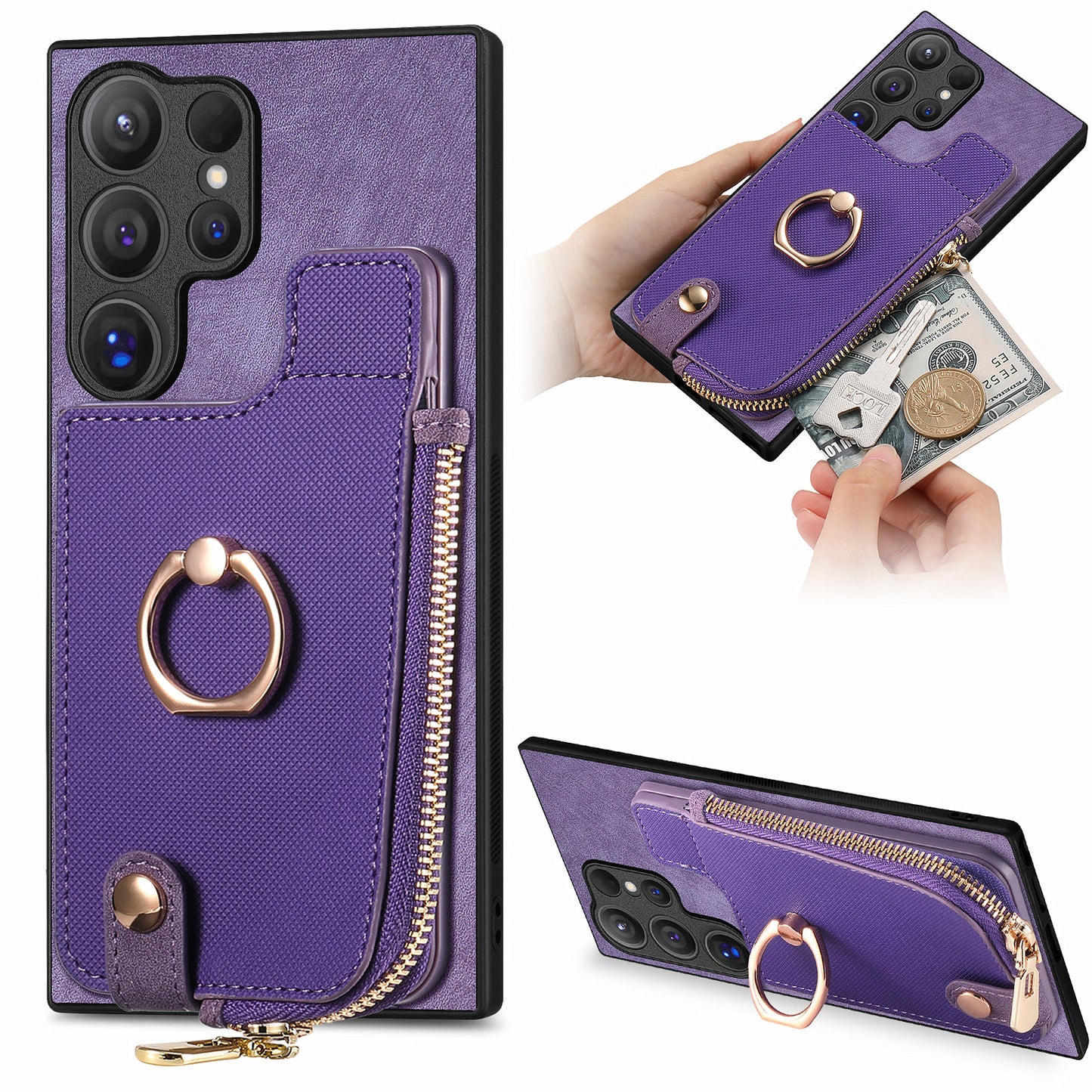 For Samsung Galaxy S24 Ultra Leather Back Case with Vertical Card Holder Ring Kickstand Black - Purple