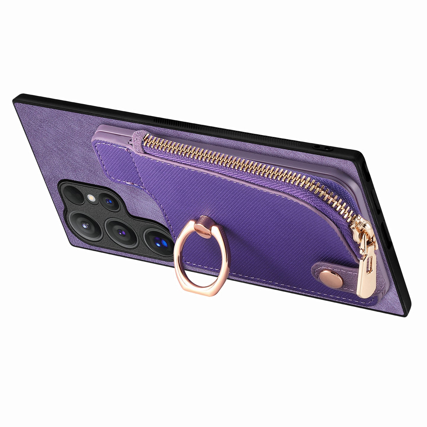 For Samsung Galaxy S24 Ultra Leather Back Case with Vertical Card Holder Ring Kickstand Black - Purple