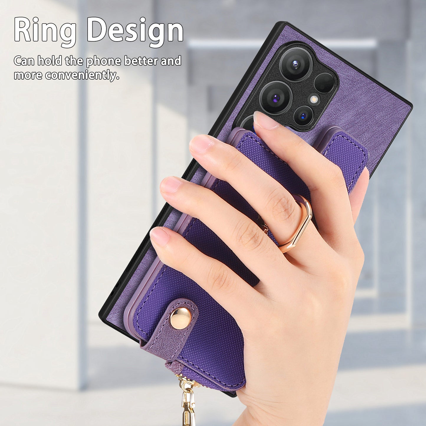 For Samsung Galaxy S24 Ultra Leather Back Case with Vertical Card Holder Ring Kickstand Black - Purple