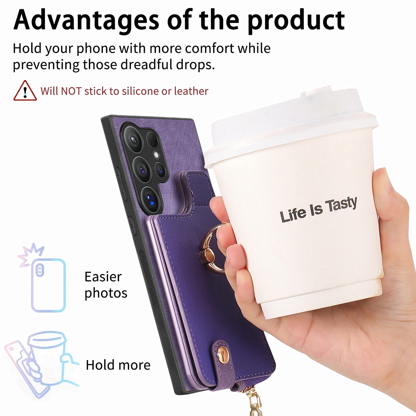 For Samsung Galaxy S24 Ultra Leather Back Case with Vertical Card Holder Ring Kickstand Black - Purple