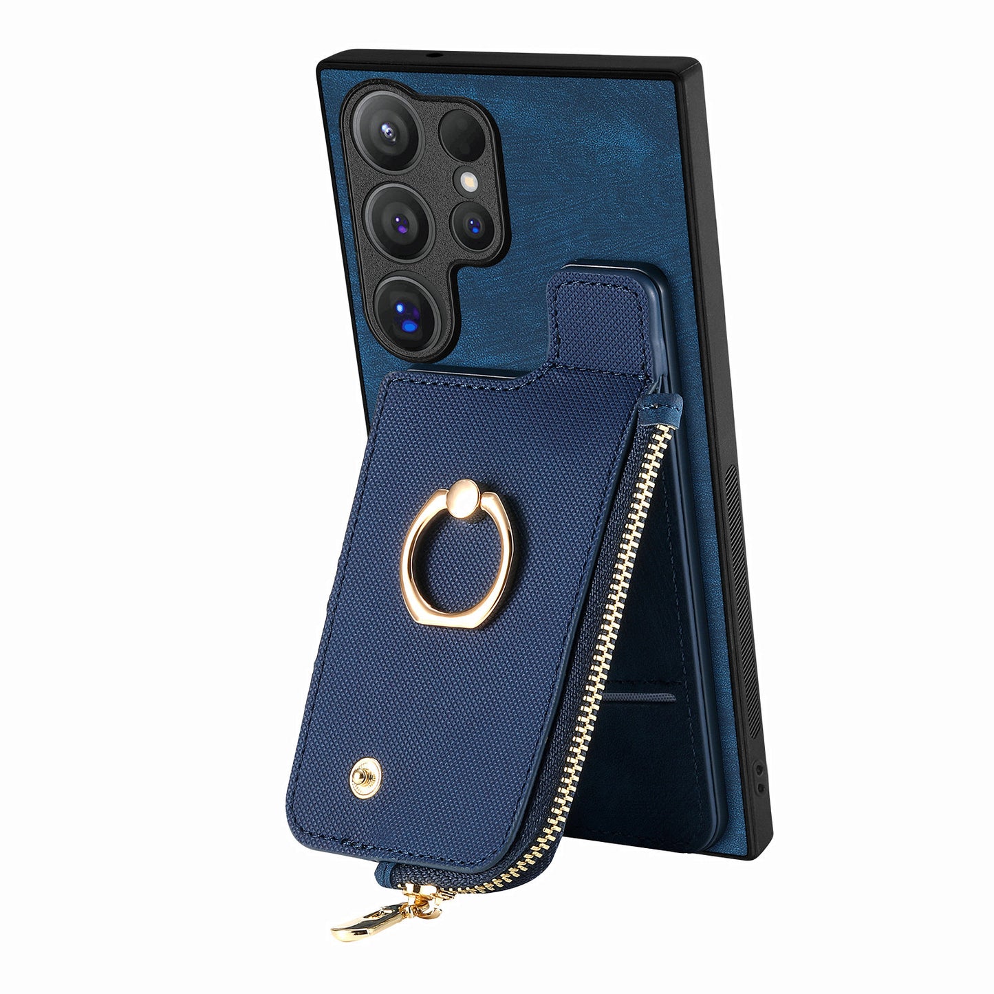 For Samsung Galaxy S24 Ultra Leather Back Case with Vertical Card Holder Ring Kickstand Black - Blue