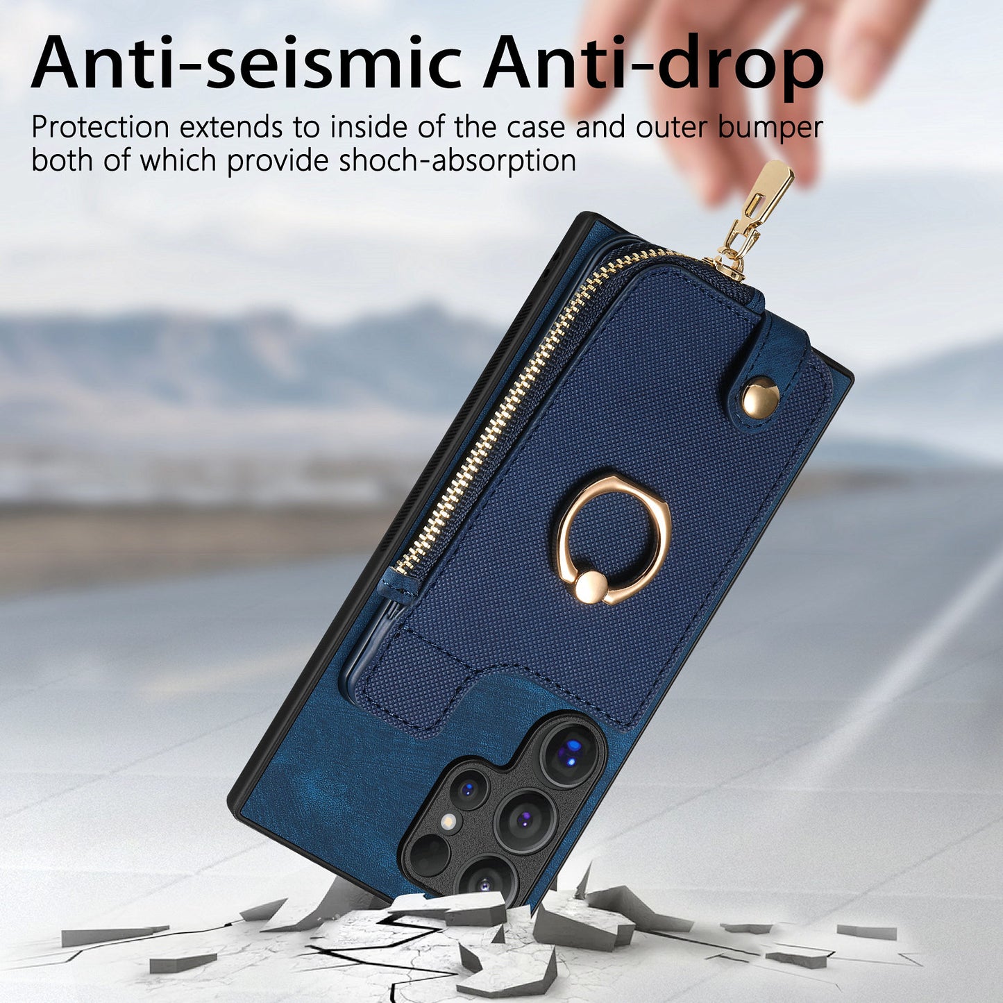 For Samsung Galaxy S24 Ultra Leather Back Case with Vertical Card Holder Ring Kickstand Black - Blue