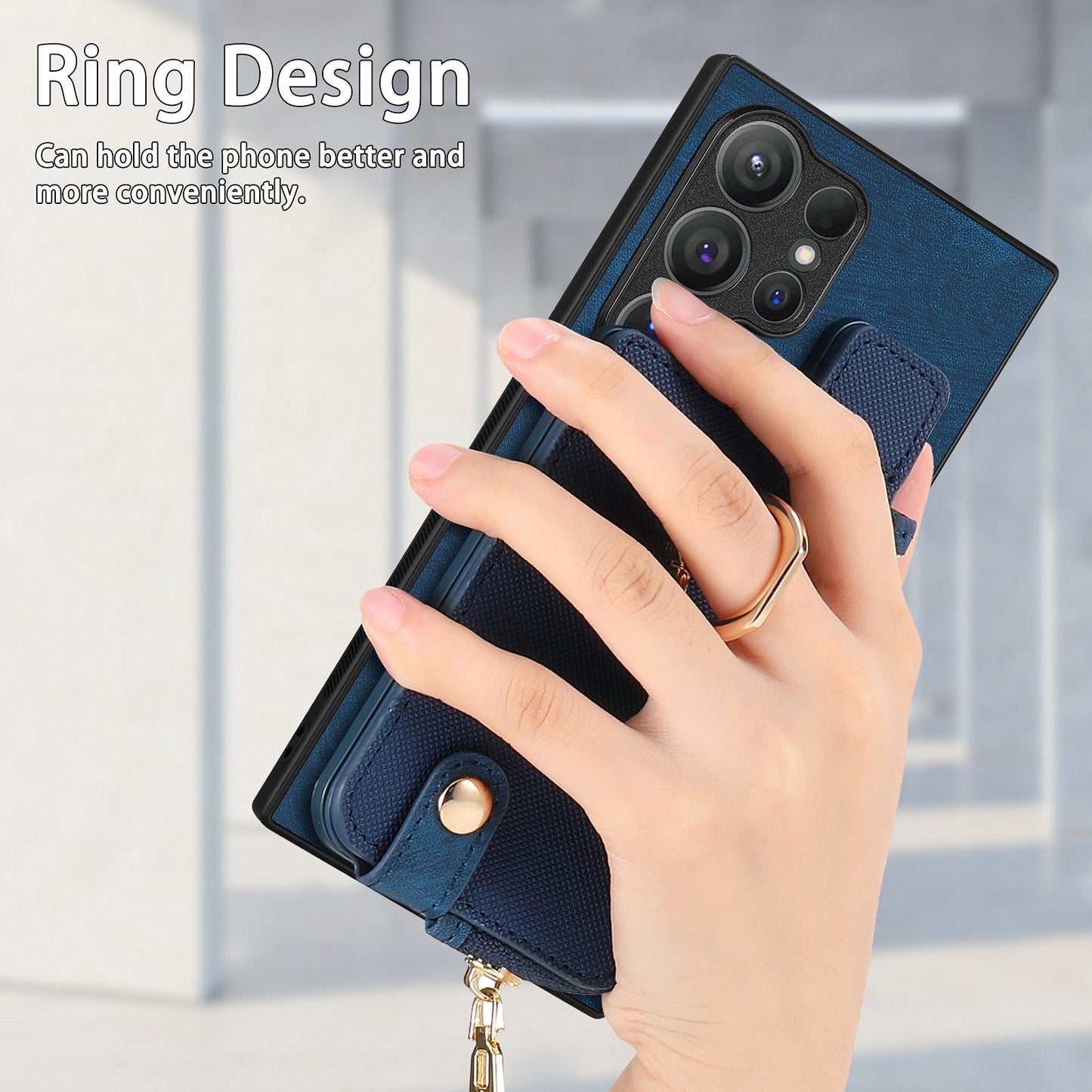 For Samsung Galaxy S24 Ultra Leather Back Case with Vertical Card Holder Ring Kickstand Black - Blue