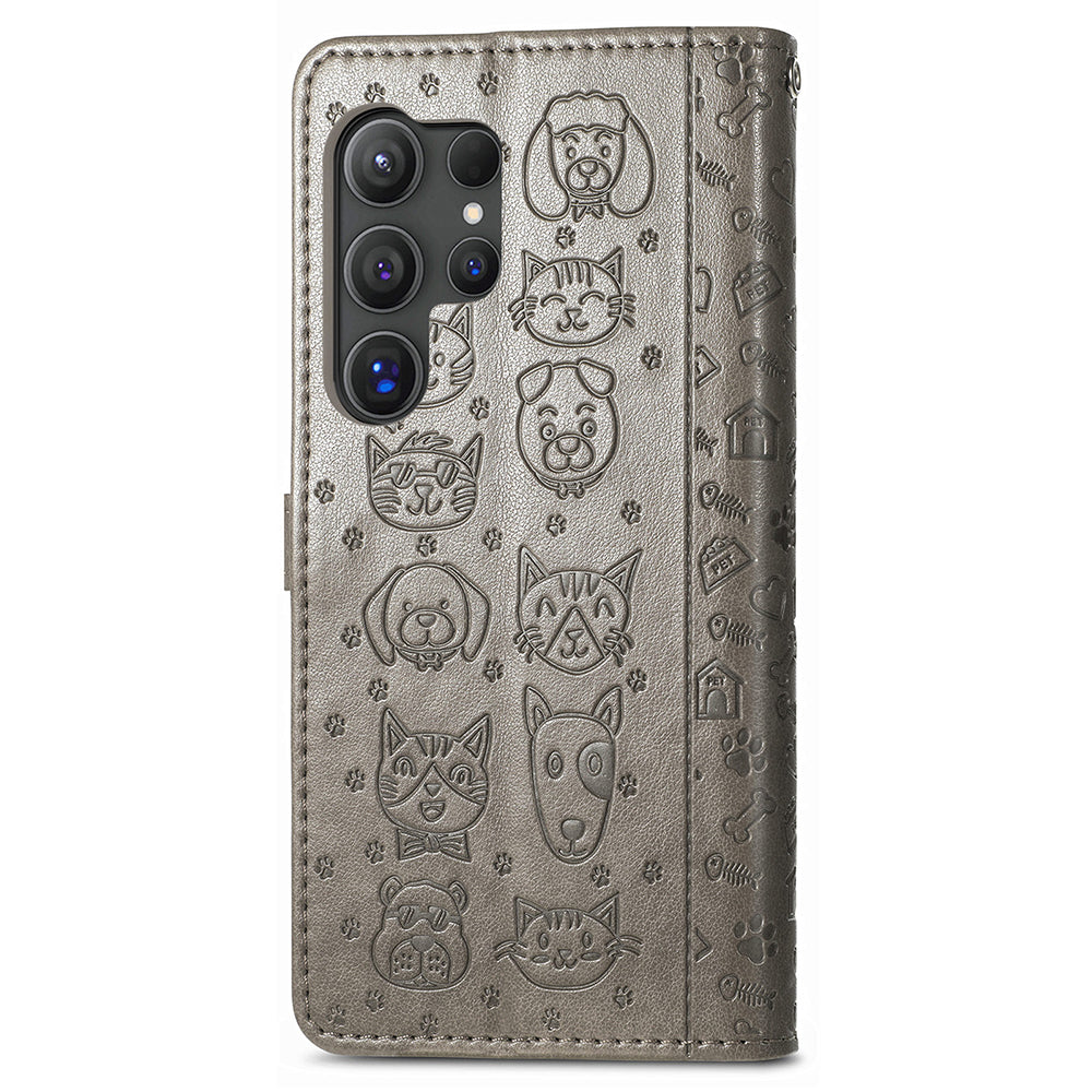For Samsung Galaxy S24 Ultra Cartoon Wallet Case PU Leather Cat Dog Style Flip Phone Cover - Grey