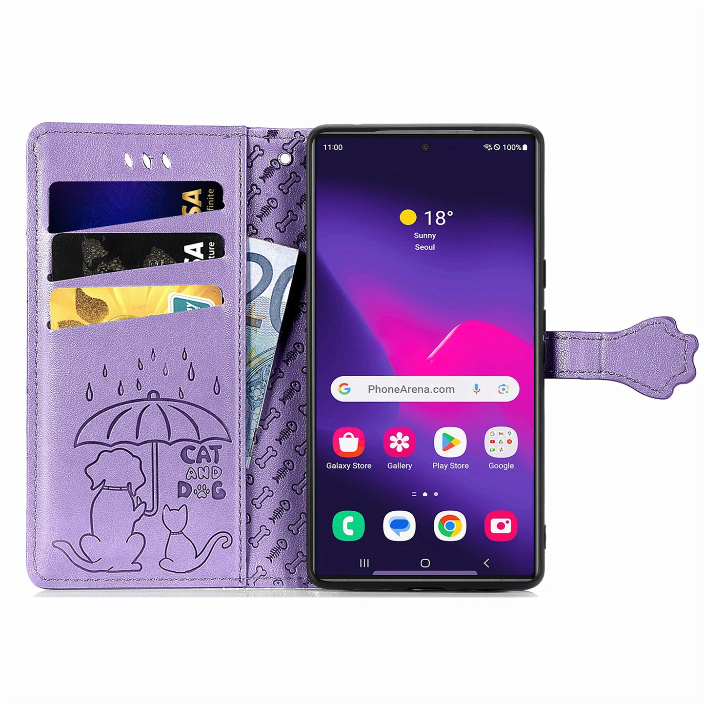 For Samsung Galaxy S24 Ultra Cartoon Wallet Case PU Leather Cat Dog Style Flip Phone Cover - Purple