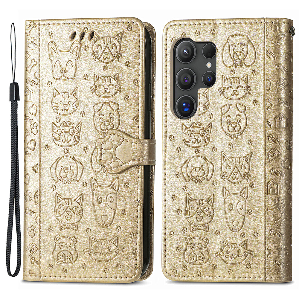 For Samsung Galaxy S24 Ultra Cartoon Wallet Case PU Leather Cat Dog Style Flip Phone Cover - Gold