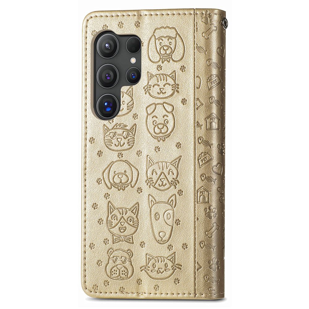 For Samsung Galaxy S24 Ultra Cartoon Wallet Case PU Leather Cat Dog Style Flip Phone Cover - Gold
