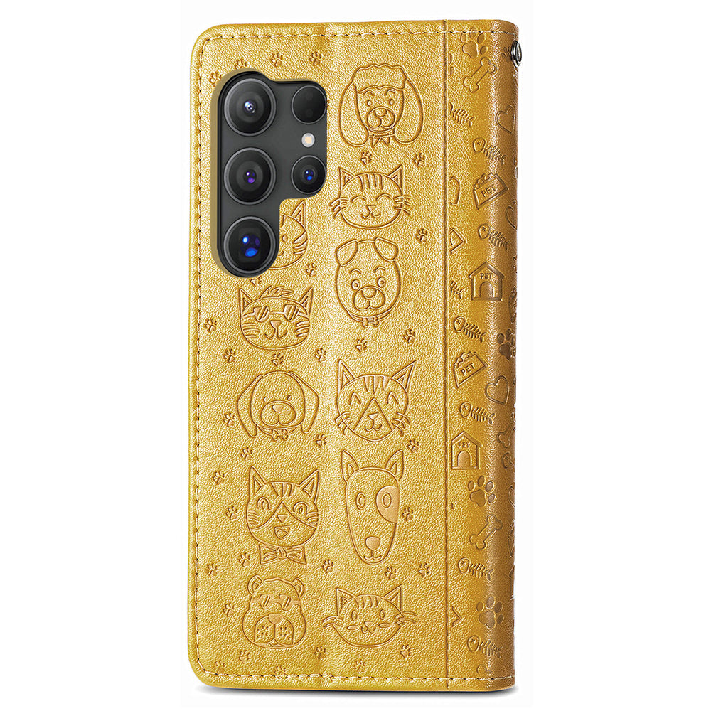 For Samsung Galaxy S24 Ultra Cartoon Wallet Case PU Leather Cat Dog Style Flip Phone Cover - Yellow